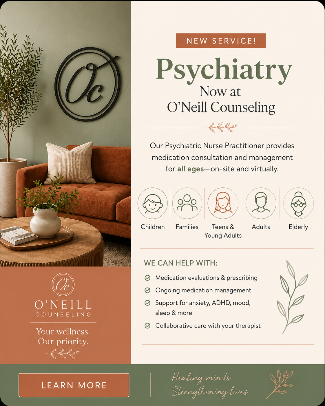 Flyer for O’Neill Counseling offering psychiatric care for all ages, with service details and contact information.